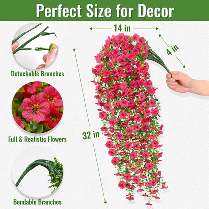 Waipfaru Artificial Hanging Flowers for Outdoors Spring Summer Decoration,2 Pcs UV Resistant Faux Silk Violet Fake Flowers for Garden Porch Window Home Decor(Rose Red)