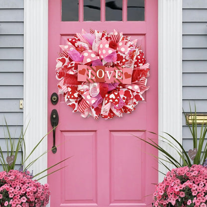 Waipfaru Valentines Day Wreath, 17 inch Round Mesh Wreath for Front Door,Valentine Wreath with Wooden Sign for Home Wedding Party