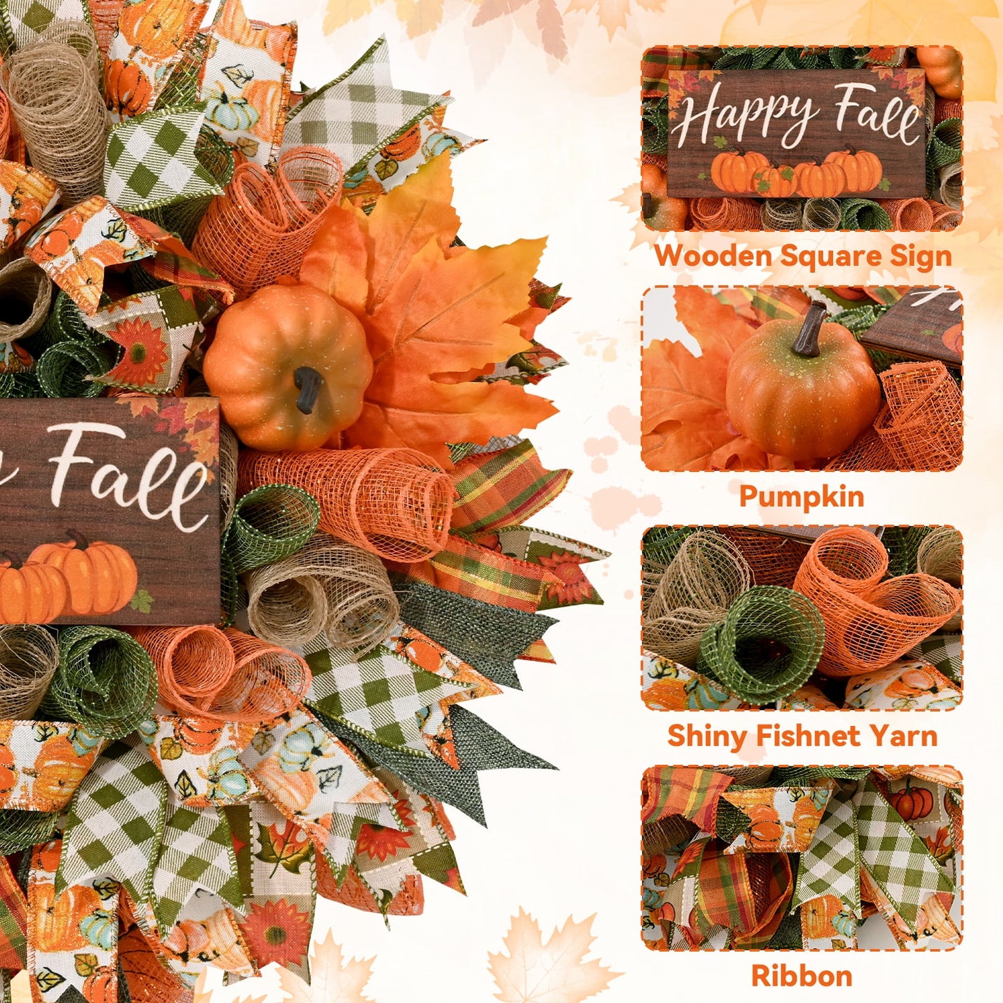 Waipfaru Fall Wreath for Front Door,20"Autumn Mesh Door Wreath with Pumpkins,Rustic Farmhouse Decor for Thanksgiving Harvest Home Decor