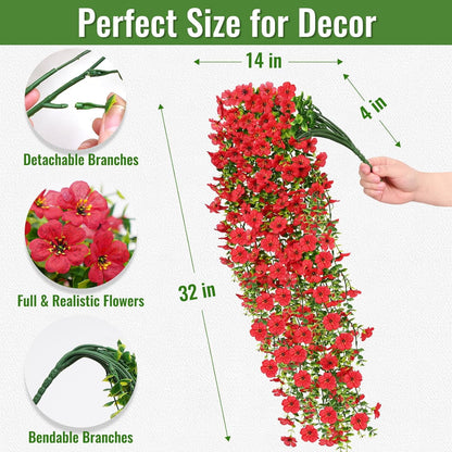 Waipfaru Artificial Hanging Flowers for Outdoors Spring Summer Decoration,2 Pcs UV Resistant Faux Silk Violet Fake Flowers for Garden Porch Window Home Decor(Red)