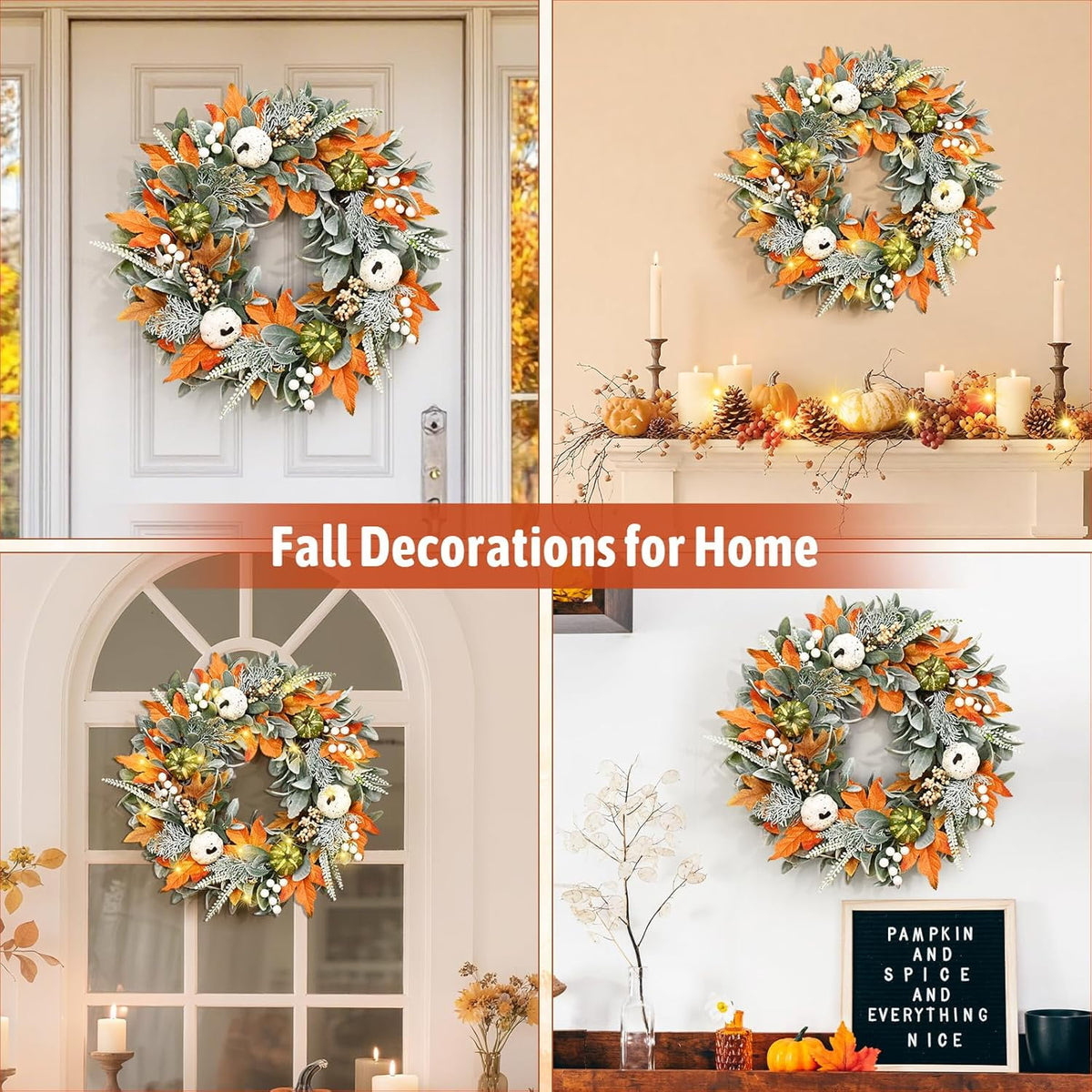 Waipfaru Fall Wreath for Front Door, 22inch Autumn Maple Leaves Wreaths with Lights, Table Centerpiece Thanksgiving Halloween Harvest Festival Decor