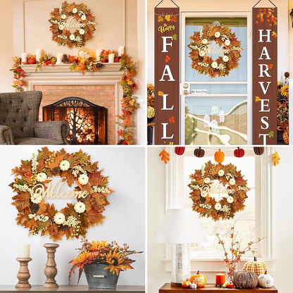 Waipfaru 20inch Fall Wreaths for Front Door,Artificial Autumn Wreath with Lights for Thanksgiving Harvest Halloween Porch Home Decor