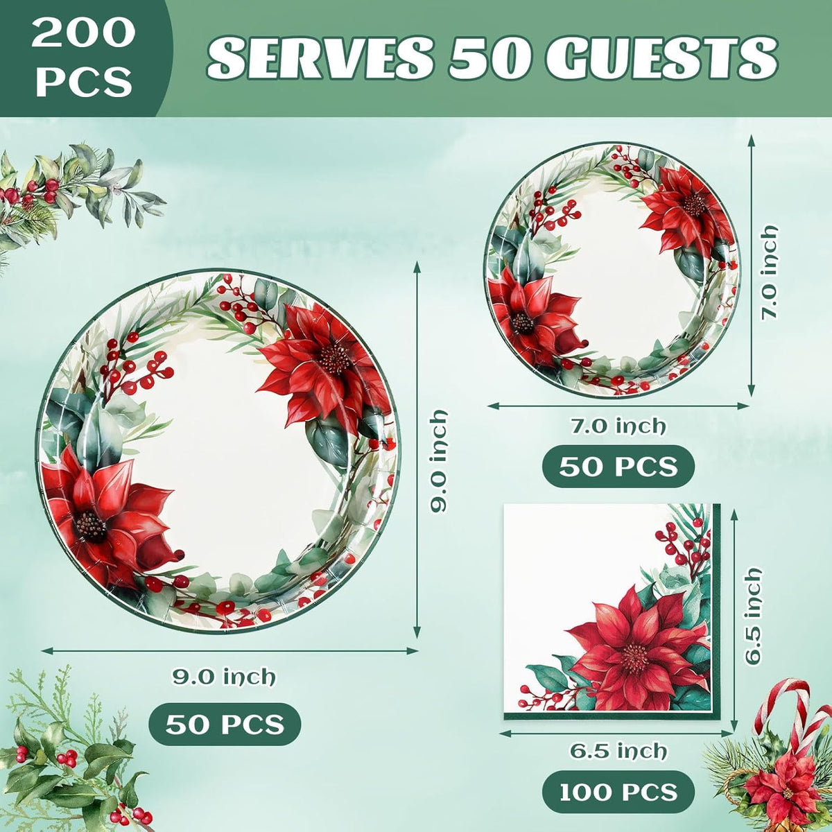 Waipfaru 200 PCS Christmas Paper Plates and Napkins Disposable, Christmas Poinsettia Printed Round Disposable Plates for Christmas Holiday Dinner Birthday Party Supplies