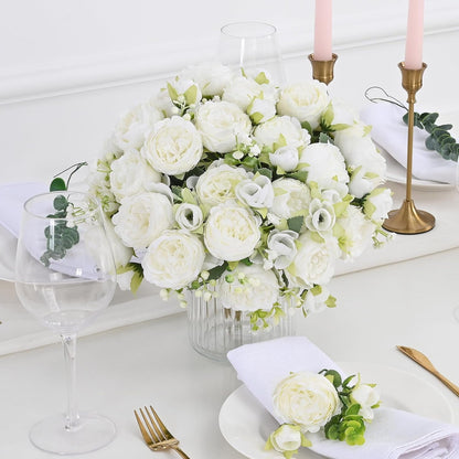 Waipfaru 2 Bundles Artificial Peonies Faux Flowers,Fake Peonies Artificial Flower Bouquet for Table Centerpiece,Silk Flowers for Home Wedding Decor Holding Flowers (White)