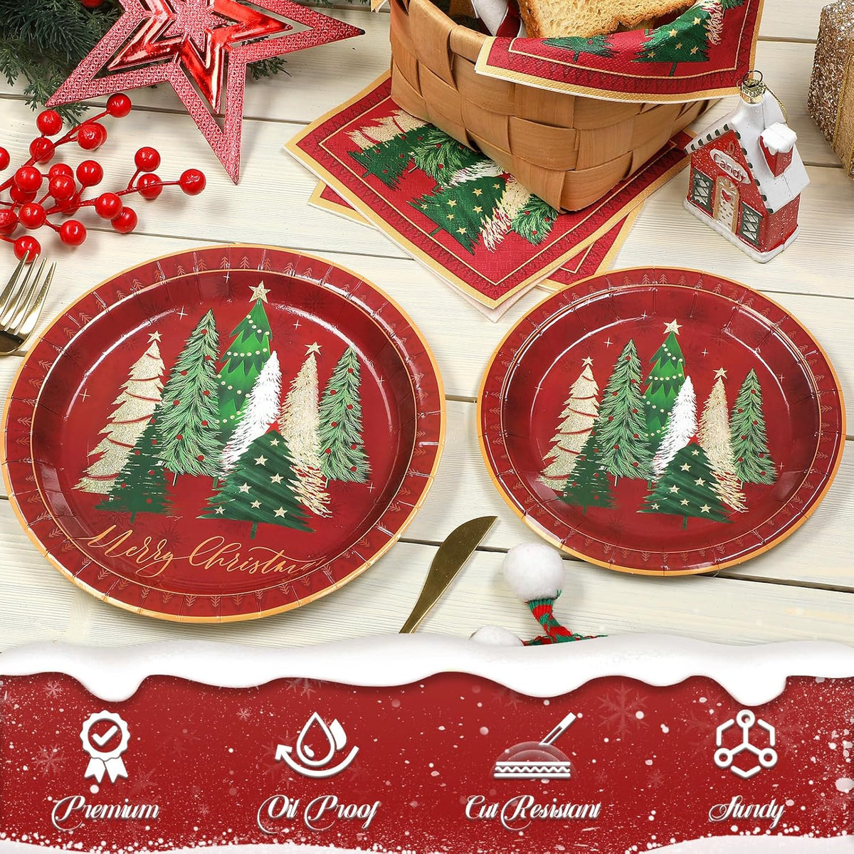 Waipfaru 200pcs Christmas Paper Plates and Napkins Set Decorations for 50 Guests, Holiday Tableware set, Disposable Merry Christmas Theme Party Decor