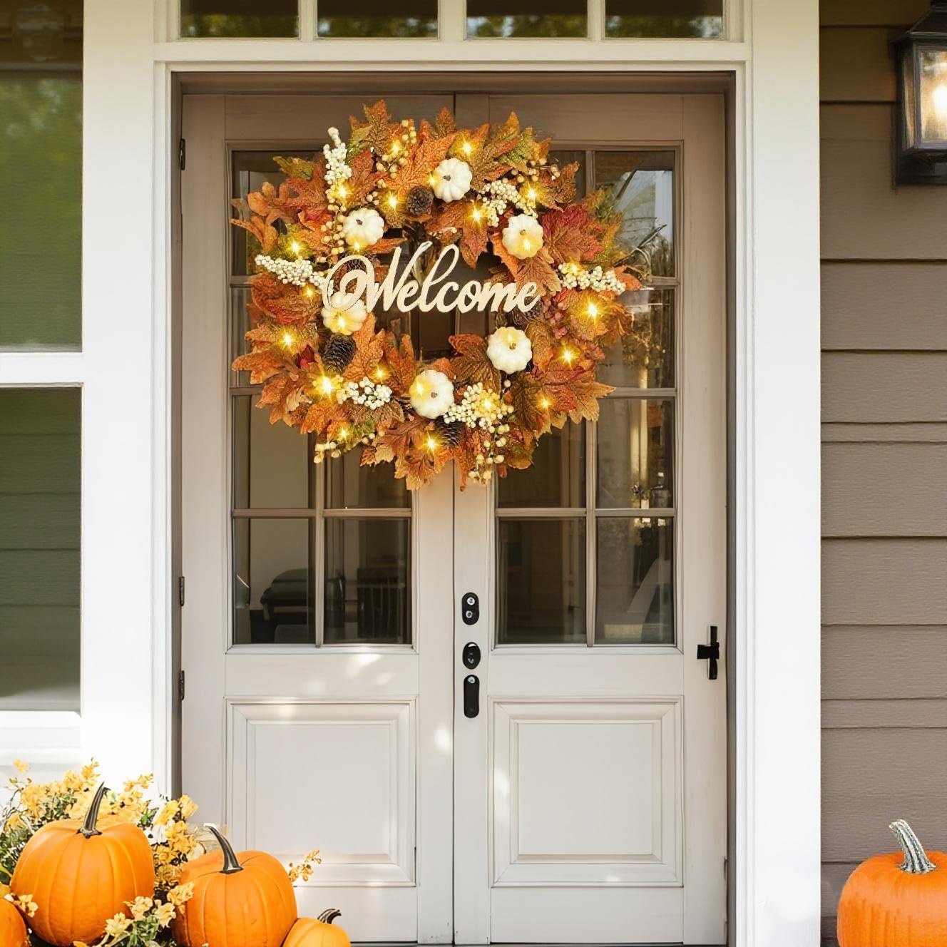 Waipfaru 20inch Fall Wreaths for Front Door,Artificial Autumn Wreath with Lights for Thanksgiving Harvest Halloween Porch Home Decor