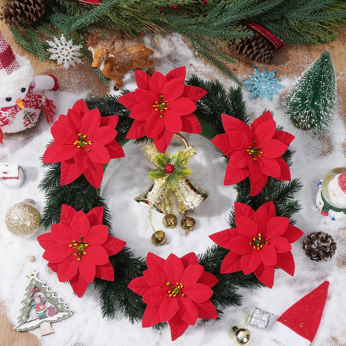 Waipfaru 4pcs Artificial Poinsettia Bushes,14 inch Faux Red Velvet Poinsettia Flowers for Indoor Outdoor Christmas Tree Home Porch Decorations