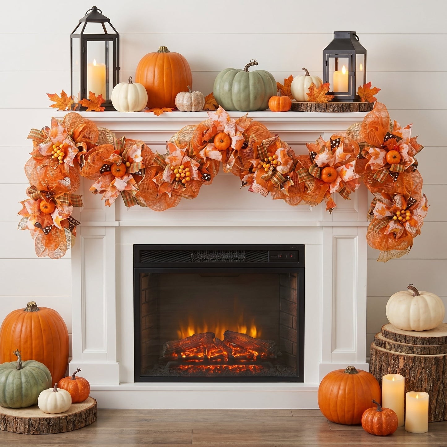 Waipfaru 6 ft Fall Garland for Mantel,Autumn Pumpkin Mesh Garland with Berries & Plaid Ribbons,Thanksgiving Mantel Decorations for Fireplace,Table Centerpiece Home Decor