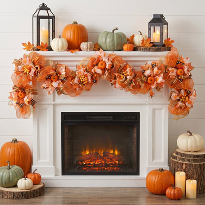 Waipfaru 6 ft Fall Garland for Mantel,Autumn Pumpkin Mesh Garland with Berries & Plaid Ribbons,Thanksgiving Mantel Decorations for Fireplace,Table Centerpiece Home Decor