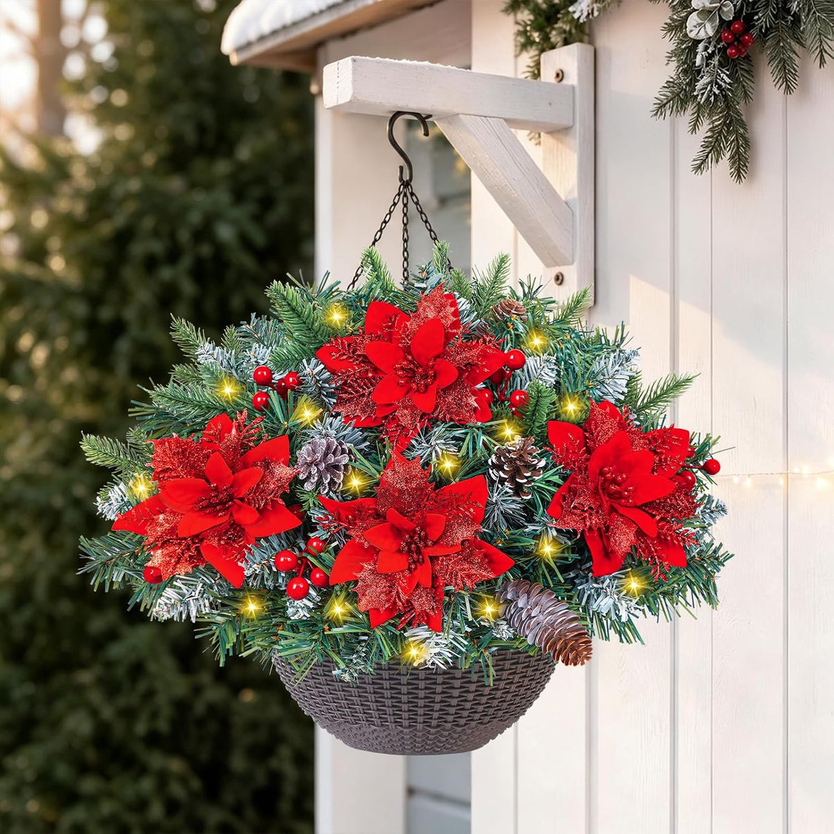 Waipfaru Set of 2 Artificial Christmas Hanging Basket with lights, Fake Silk Flowers for Outdoor Indoor Front Porch, Garden, Patio, Home Xmas Decor