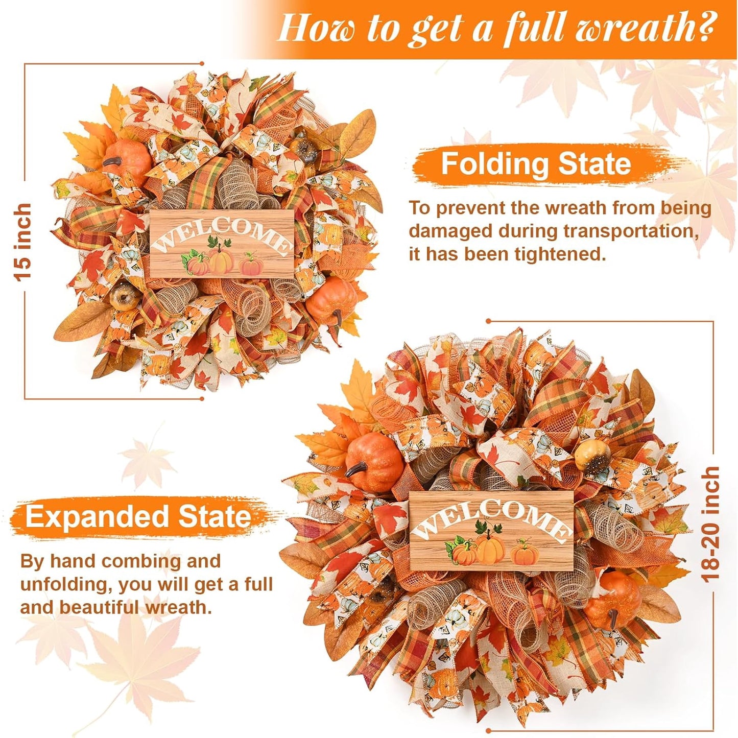 Waipfaru Fall Wreath for Front Door,20inch Autumn Mesh Wreath with Pumpkins, Ribbons,Welcome Sign,Rustic Farmhouse Decor for Thanksgiving Harvest