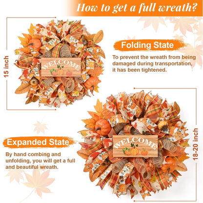 Waipfaru Fall Wreath for Front Door,20inch Autumn Mesh Wreath with Pumpkins, Ribbons,Welcome Sign,Rustic Farmhouse Decor for Thanksgiving Harvest