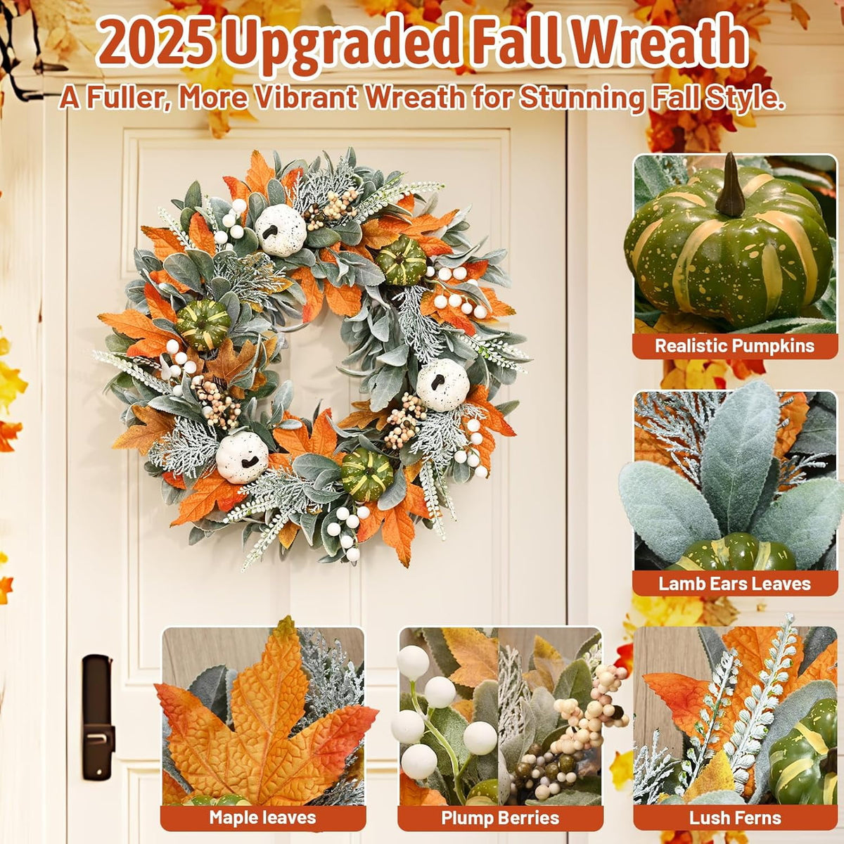 Waipfaru Fall Wreath for Front Door, 22inch Autumn Maple Leaves Wreaths with Lights, Table Centerpiece Thanksgiving Halloween Harvest Festival Decor