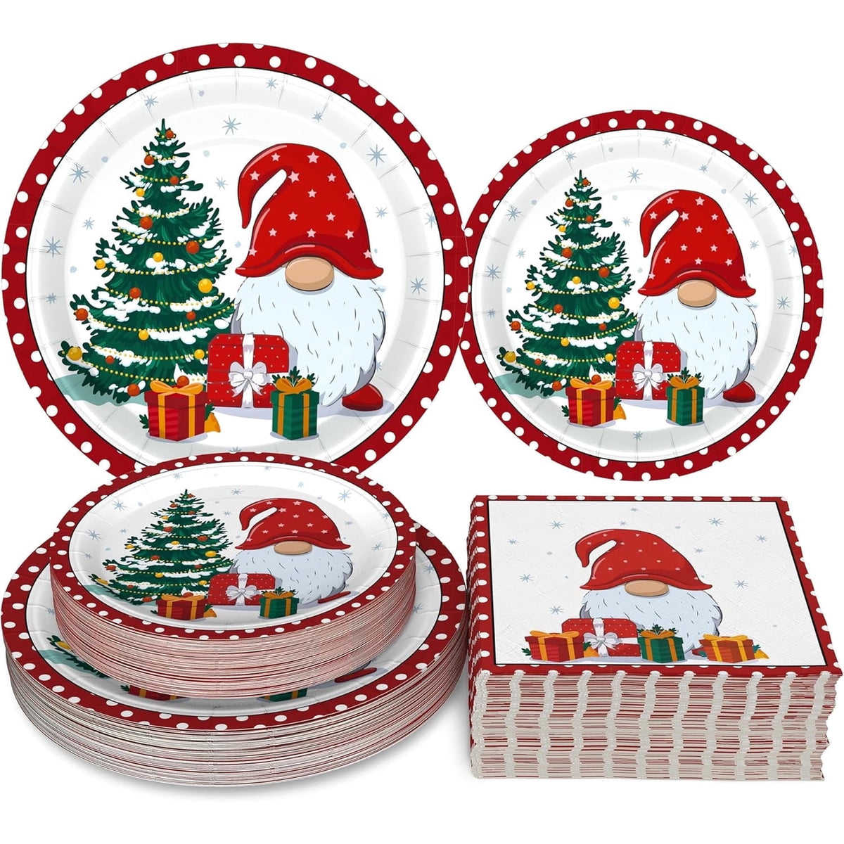 Waipfaru 200 PCS Christmas Paper Plates and Napkins Christmas Tree Gnome Party Supplies Red Disposable Dinnerware Set for Dinner Party Decoration