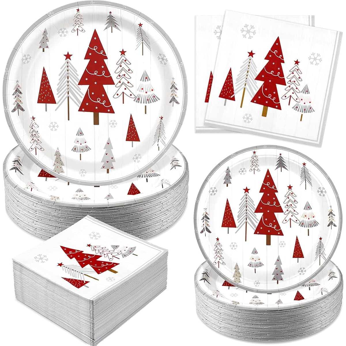 Waipfaru 200 PCS Christmas Paper Plates and Napkins Christmas Tree Party Supplies White Disposable Dinnerware Set for Xmas