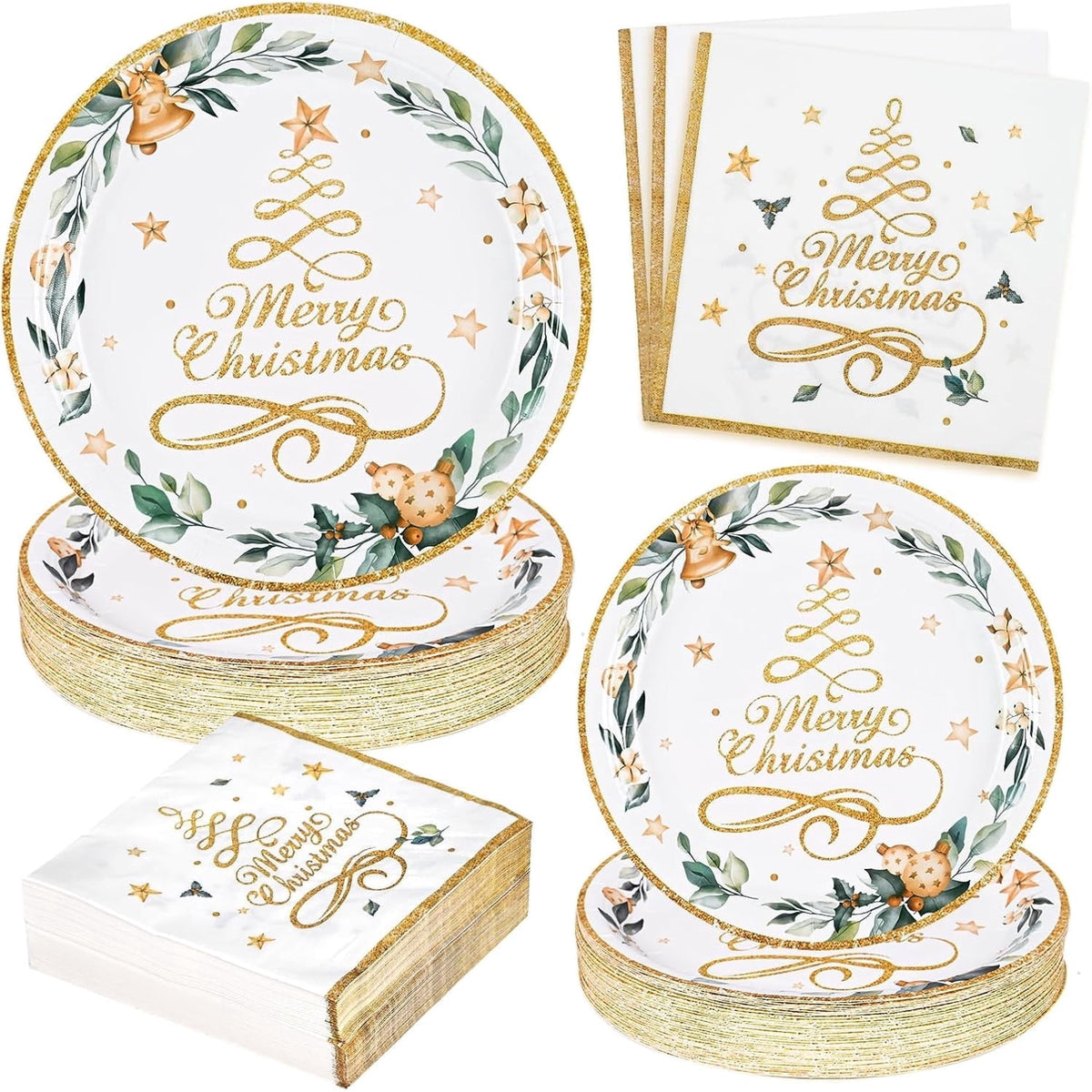 Waipfaru 200 PCS Christmas Paper Plates and Napkins Gold Christmas Tree Party Supplies Disposable Tableware Set for Dinner Party Decoration