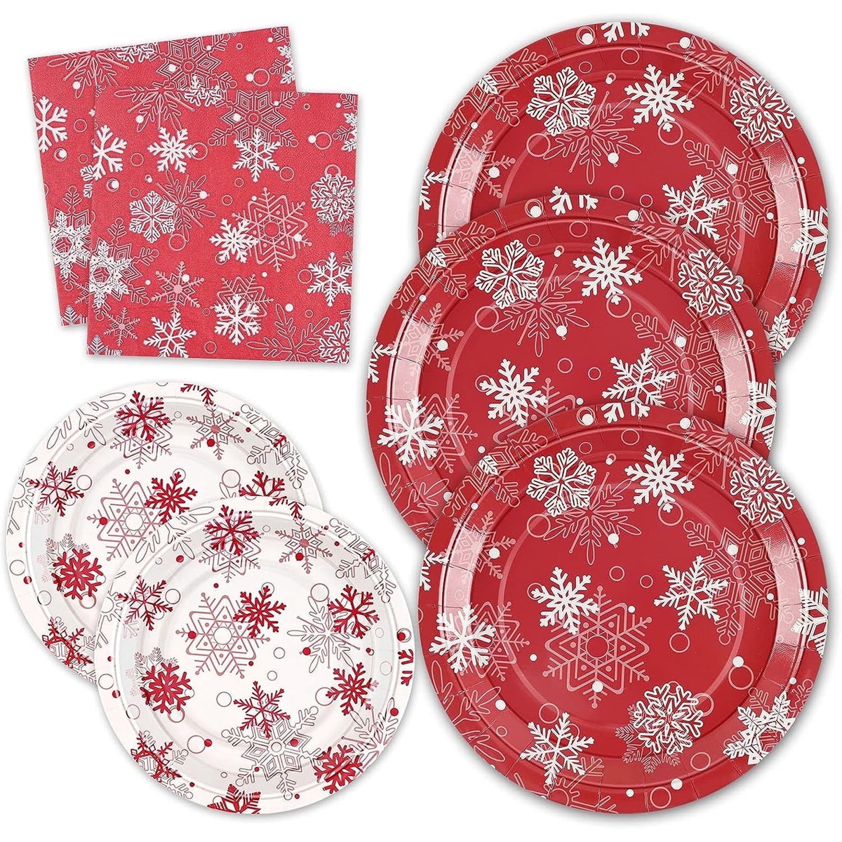 Waipfaru 200 PCS Christmas Paper Plates and Napkins White Snowflake Party Supplies Red Disposable Dinnerware Set for Christmas Decor