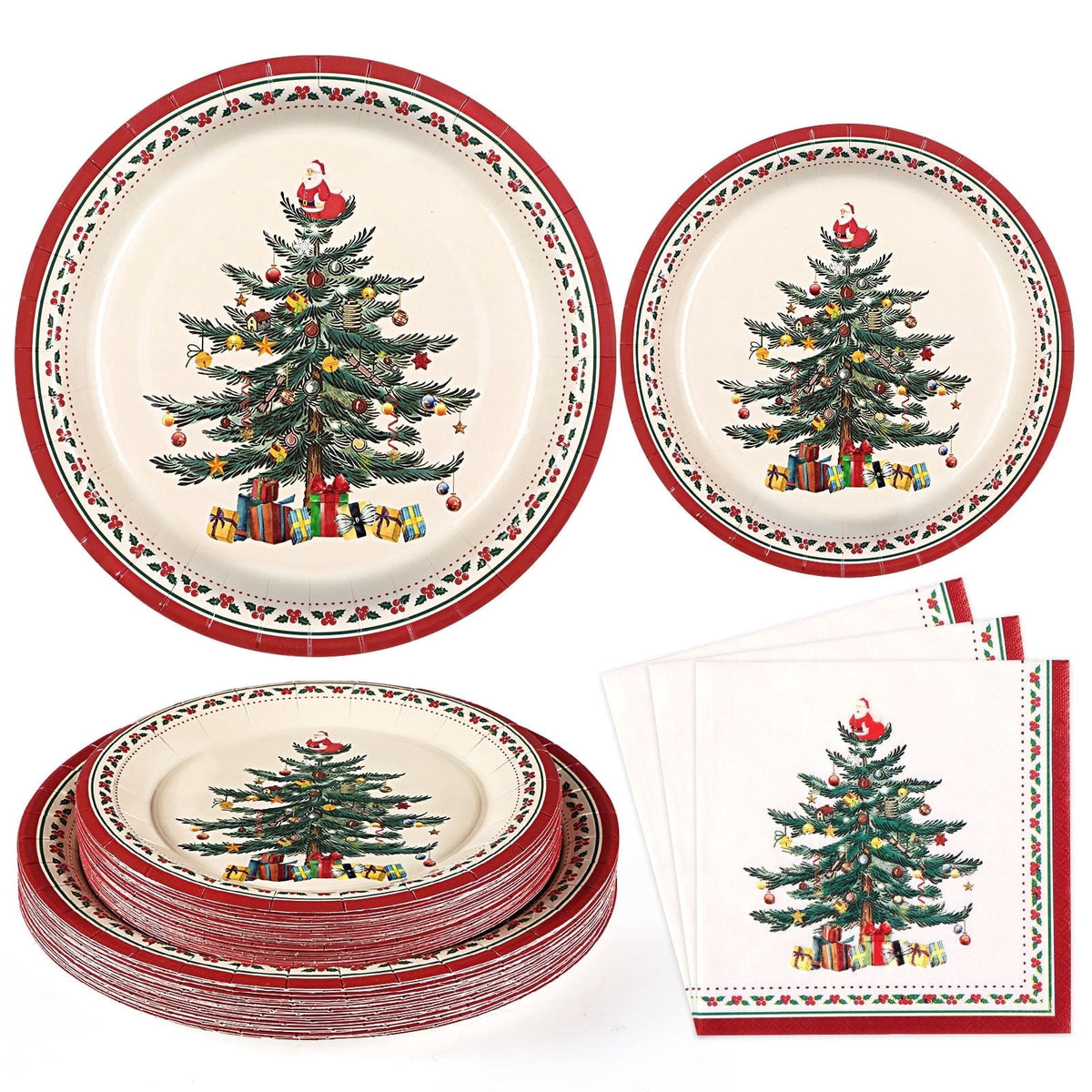 Waipfaru 200 PCS Christmas Tree Paper Plates and Napkins Christmas Party Supplies Disposable Dinnerware Set for Xmas Party