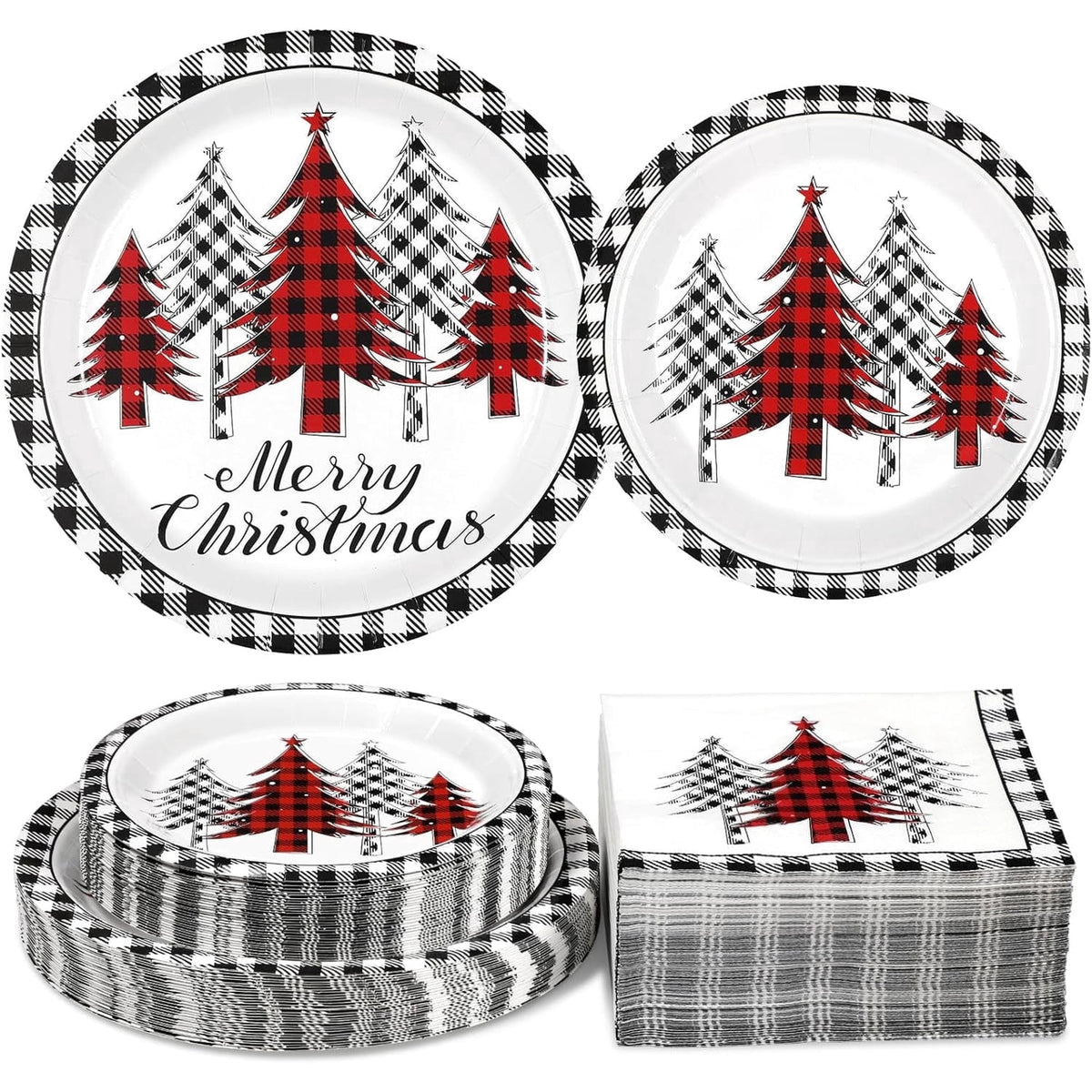 Waipfaru 200 PCS Christmas Tree Paper Plates and Napkins Christmas Party Supplies Disposable Dinnerware Set for Xmas