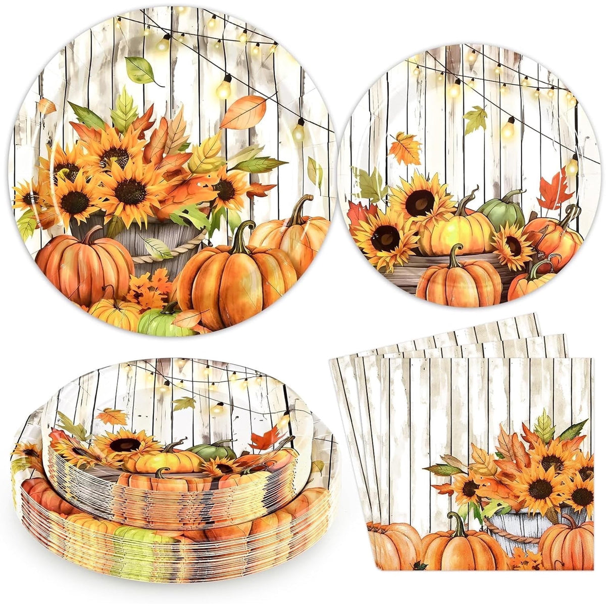 Waipfaru 200 Pcs Fall Paper Plates and Napkins Thanksgiving Party Supplies White Pumpkin Disposable Dinnerware Server 50