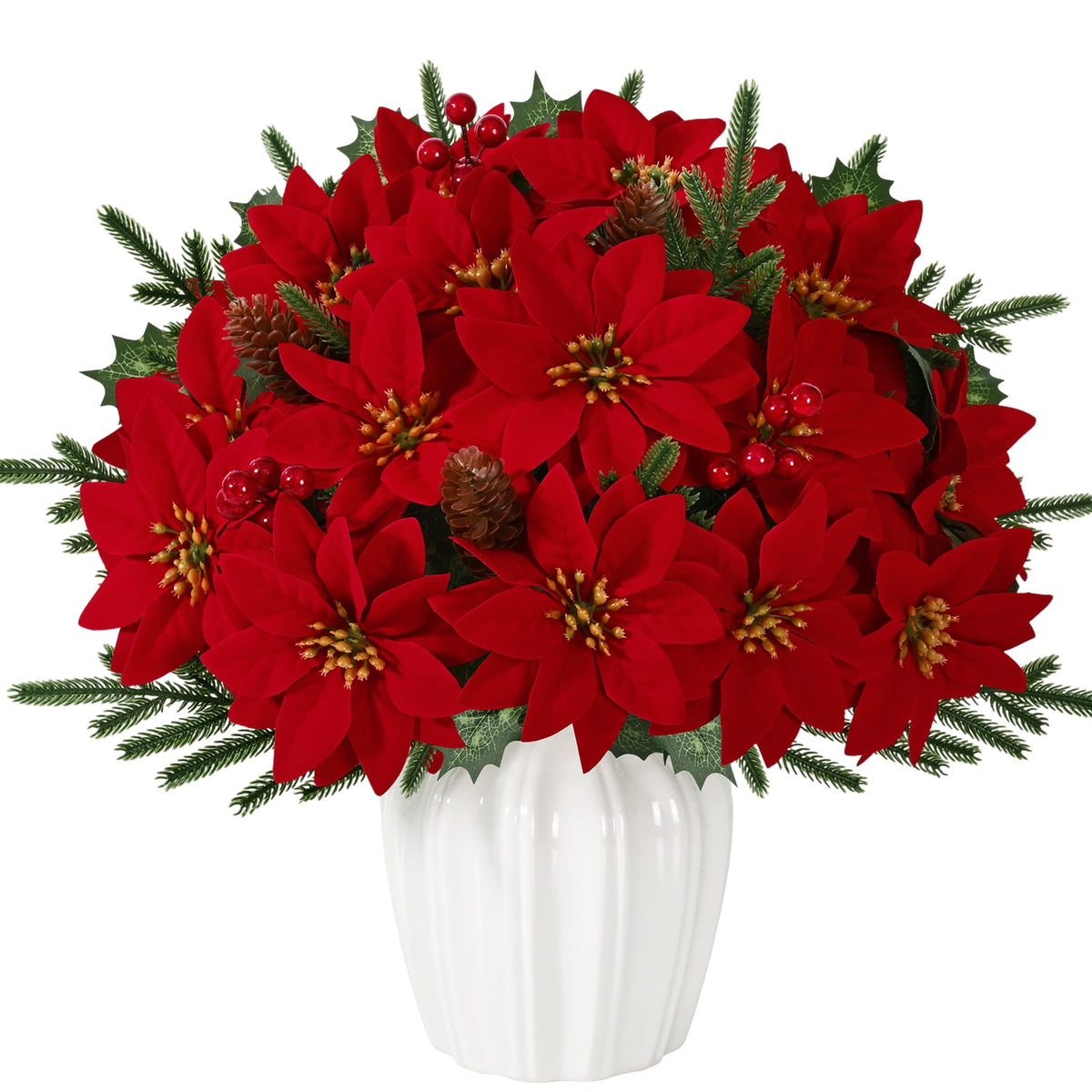 Waipfaru 12pcs Artificial Poinsettia Flower, Red Poinsettia Christmas Arrangement with Pine, Berries & Pinecones, Holiday Floral Centerpiece for Christmas Home Decorations