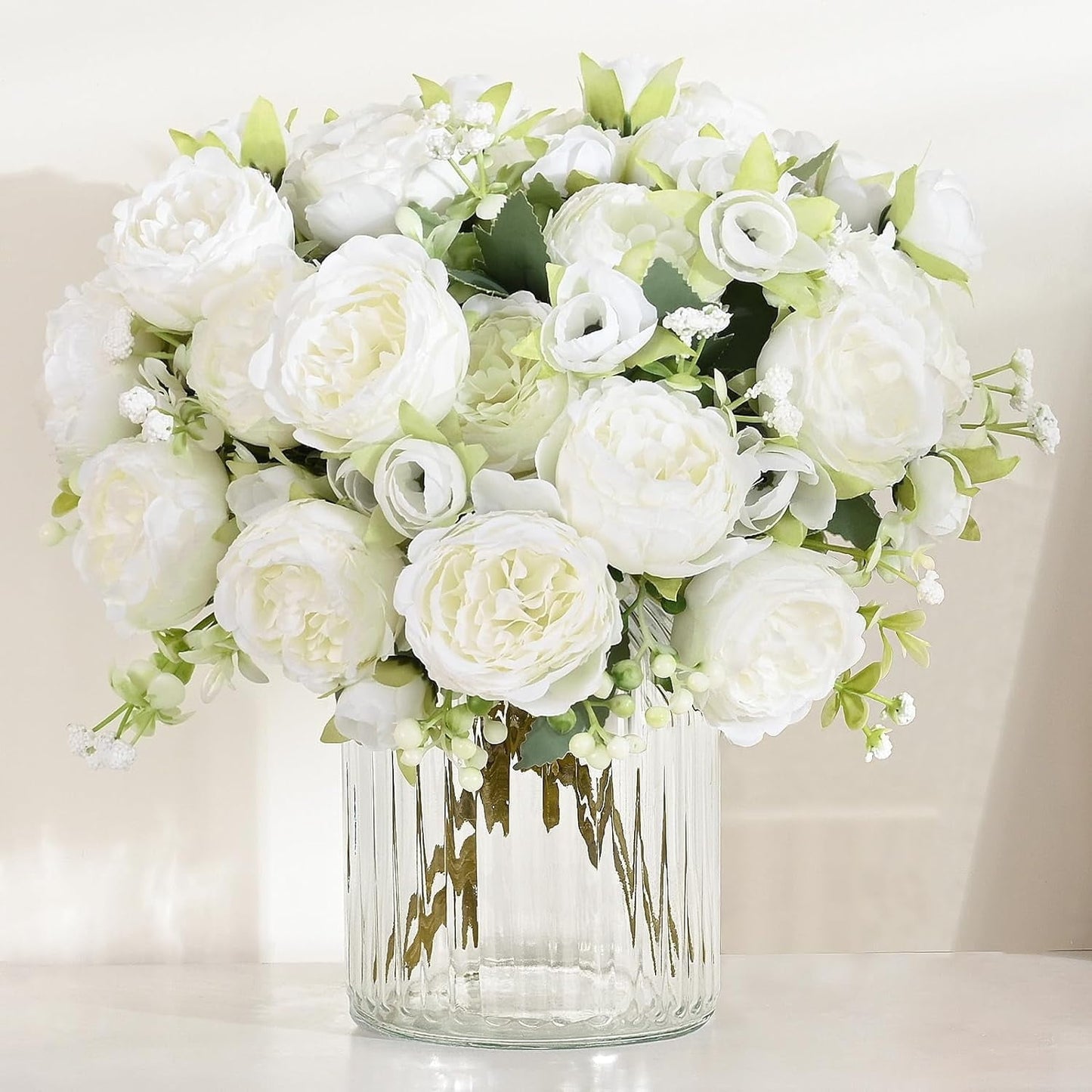 Waipfaru 2 Bundles Artificial Peonies Faux Flowers,Fake Peonies Artificial Flower Bouquet for Table Centerpiece,Silk Flowers for Home Wedding Decor Holding Flowers (White)