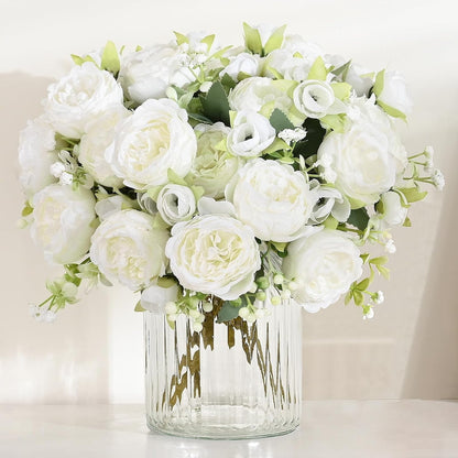 Waipfaru 2 Bundles Artificial Peonies Faux Flowers,Fake Peonies Artificial Flower Bouquet for Table Centerpiece,Silk Flowers for Home Wedding Decor Holding Flowers (White)