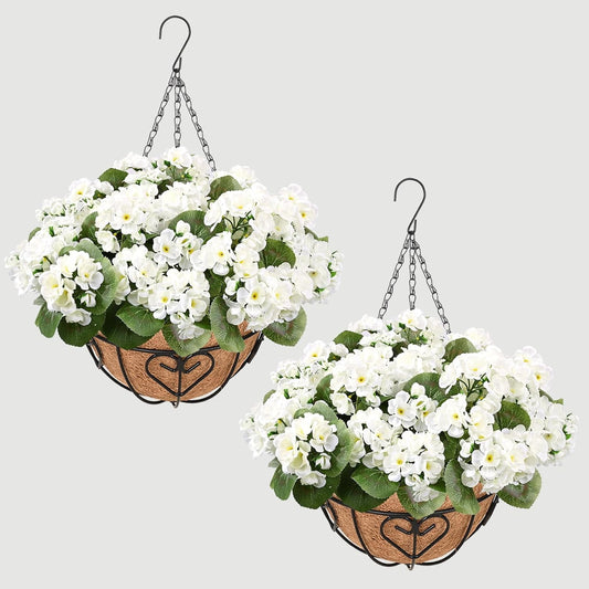 Waipfaru 2 Pack Artificial Geraniums Hanging Basket,UV Resistant Faux Silk Flowers for Outdoors,Realistic Fake Hanging Plants for Home Garden Decor