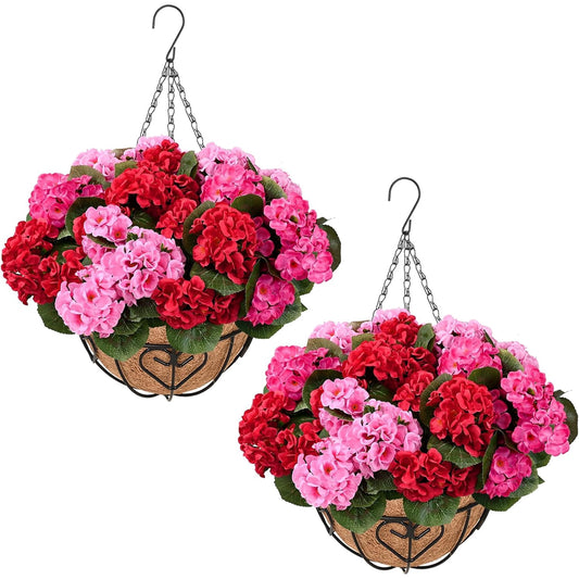 Waipfaru 2 Pack Artificial Geraniums Hanging Basket,UV Resistant Faux Silk Flowers for Outdoors,Realistic Fake Hanging Plants for Home Garden Decor