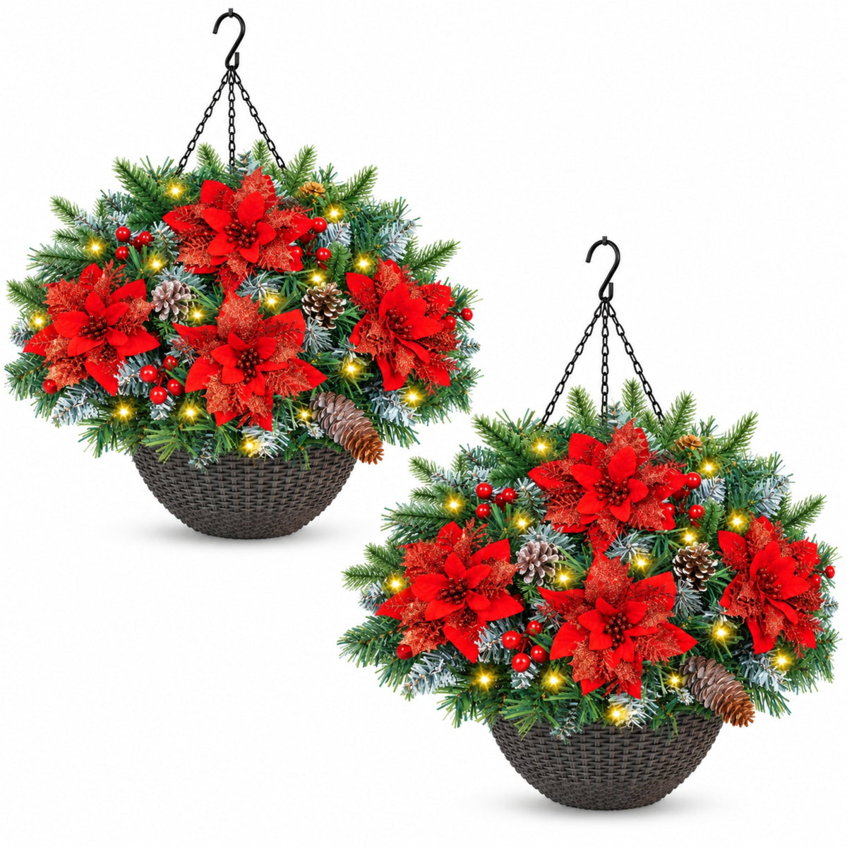Waipfaru Set of 2 Artificial Christmas Hanging Basket with lights, Fake Silk Flowers for Outdoor Indoor Front Porch, Garden, Patio, Home Xmas Decor