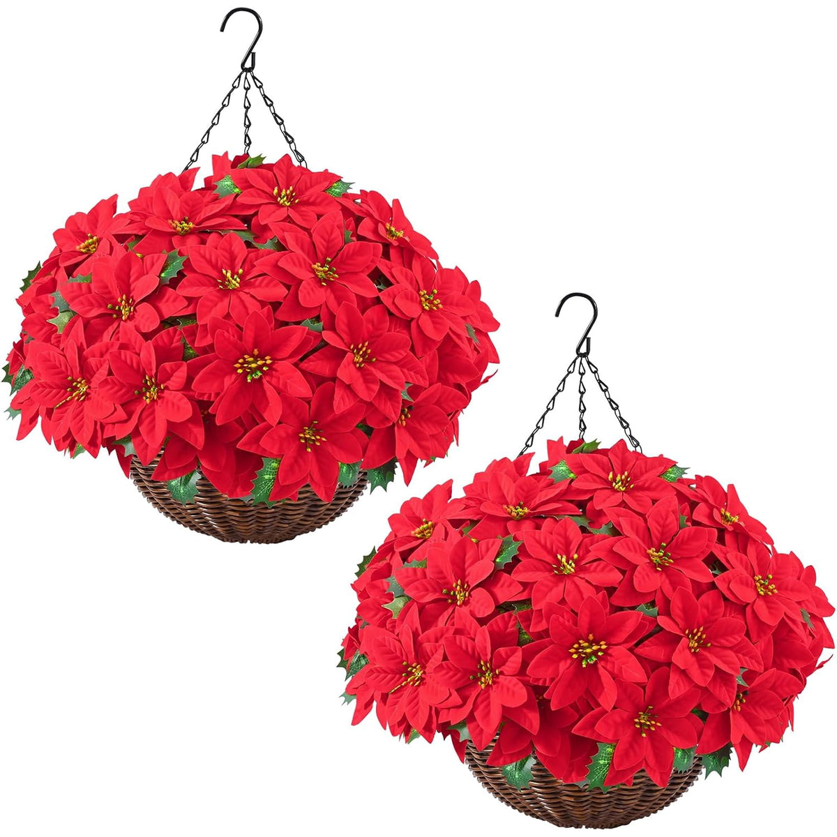 Waipfaru 2 Set Artificial Poinsettia Christmas Hanging Basket, Fake Silk Red Poinsettia Flowers for Outdoor Indoor Front Porch Home Xmas Decor