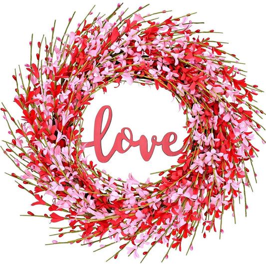 Waipfaru 20 inch Artificial Pink Forsythia Wreath, Valentine's Day Front Door Wreath, Spring Pink Wreath for Home Wedding Window Wall Window Decor