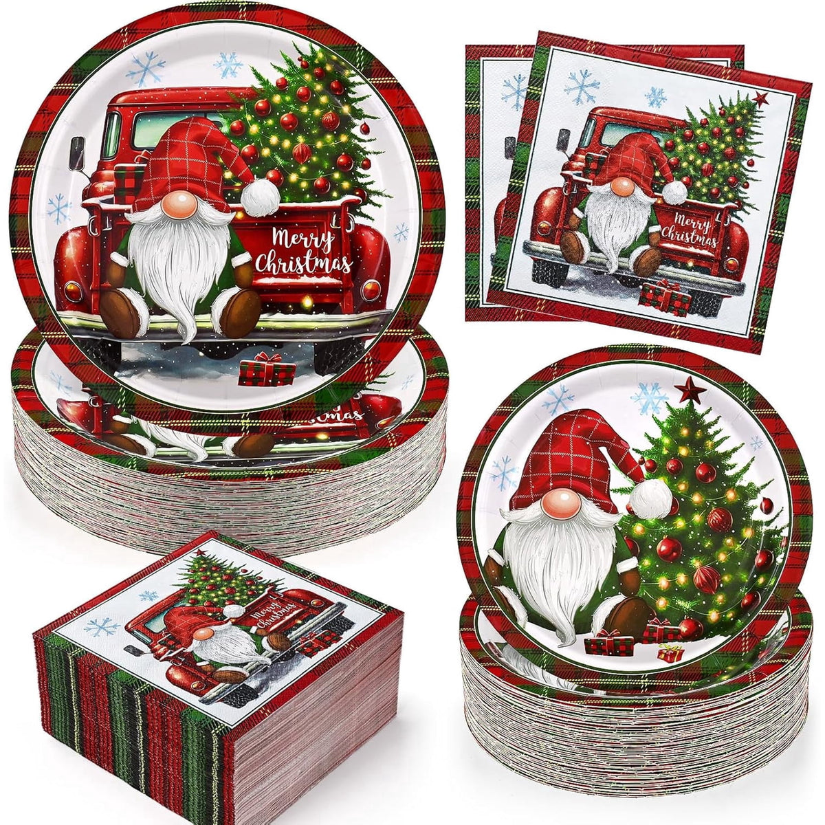 Waipfaru 200 PCS Christmas Paper Plates and Napkins Sets,Plates and Napkins for Christmas Party Dinner, Xmas Winter Decorations