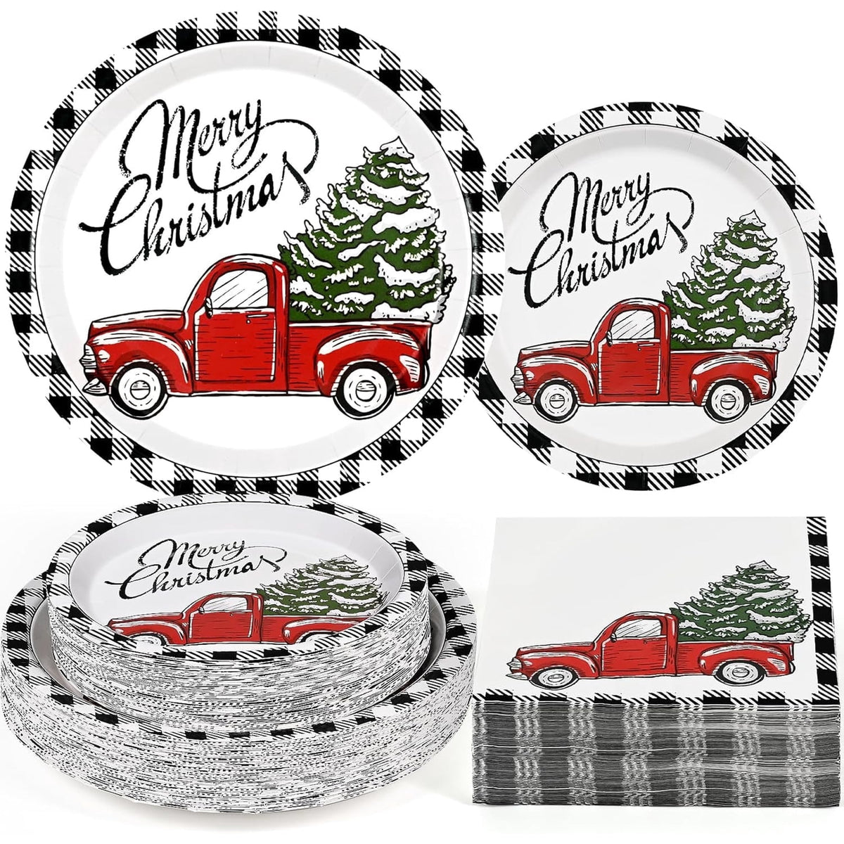 Waipfaru 200Pcs Christmas Paper Plates and Napkins Disposable,Rustic Truck Printed Round Disposable Plates for Christmas Holiday Dinner Birthday Party Supplies