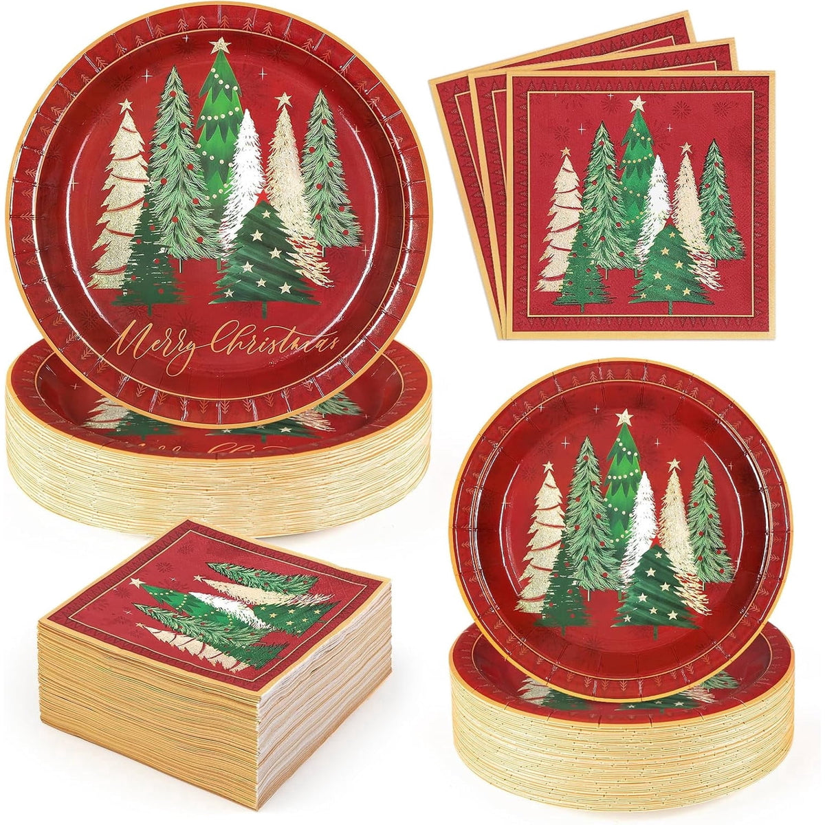 Waipfaru 200pcs Christmas Paper Plates and Napkins Set Decorations for 50 Guests, Holiday Tableware set, Disposable Merry Christmas Theme Party Decor