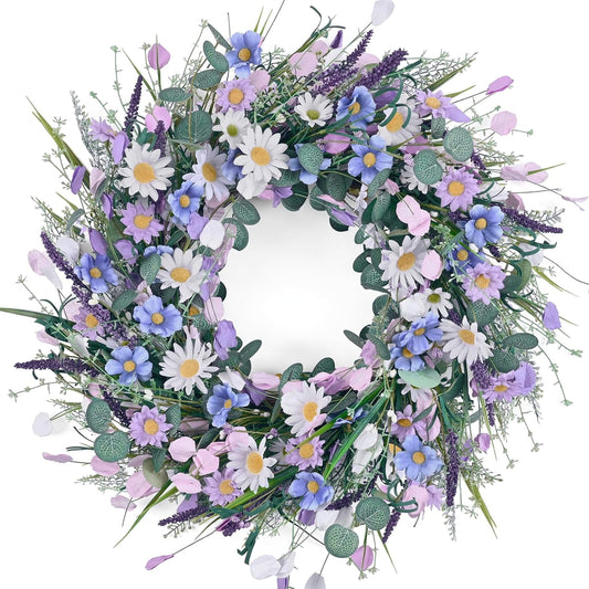 Waipfaru 22" Spring Wreaths for Front Door, Artificial Summer Wreath with Eucalyptus Leaf,Lavender Daisy for Indoor Outdoor Home Decor Festival Celebrations