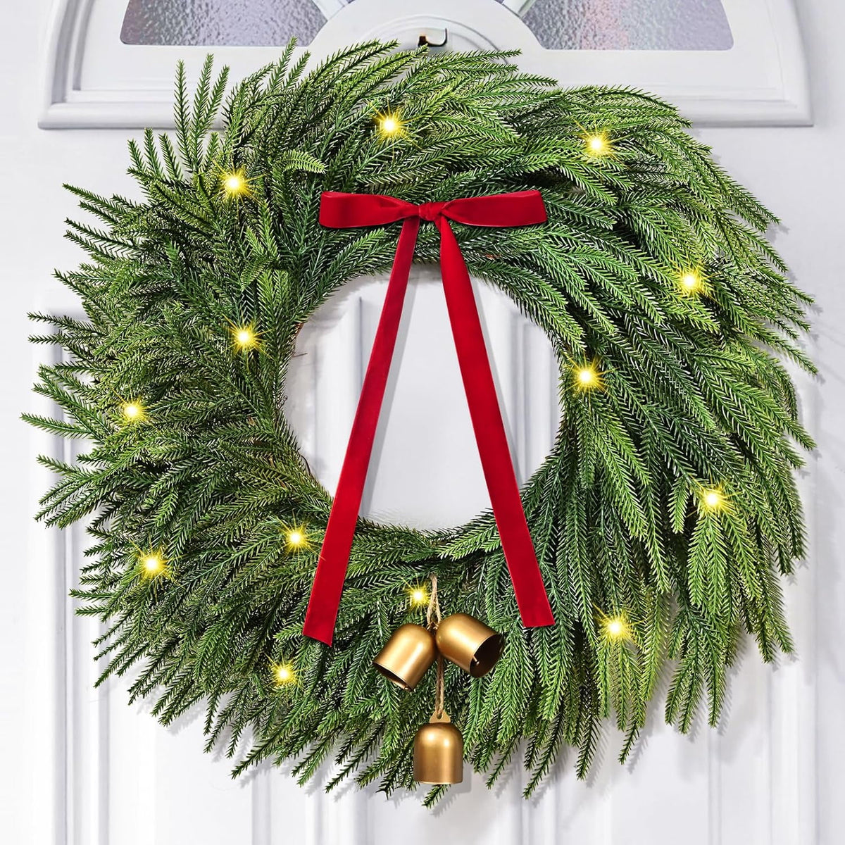 Waipfaru Christmas Wreath with Lights,24 inch Pre-lit Artificial Holiday Wreath with Bow & Bells, Battery Operated, Front Door Christmas Decorations Indoor Outdoor
