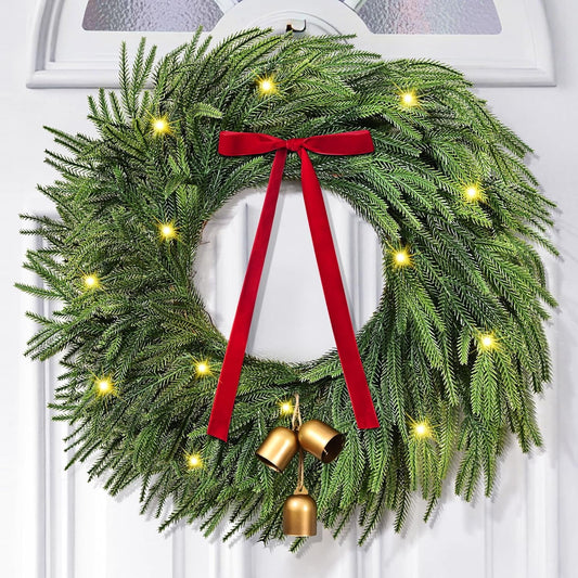 Waipfaru Christmas Wreath with Lights,24 inch Pre-lit Artificial Holiday Wreath with Bow & Bells, Battery Operated, Front Door Christmas Decorations Indoor Outdoor