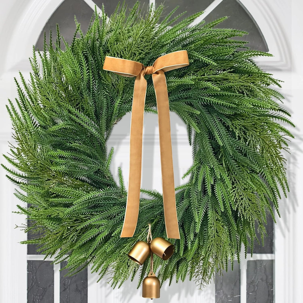 Waipfaru Christmas Wreath for Front Door,26 inch Pre-lit Artificial Holiday Wreath with Bow & Bells, Battery Operated, Front Door Christmas Decorations Indoor Outdoor