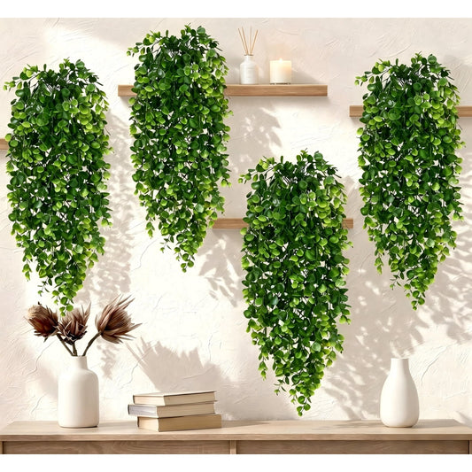 Waipfaru 4 Pcs Fake Hanging Plant,Faux Eucalyptus Leaf Greenery Vine,UV Resistant Plastic Plant,Artificial Hanging Plants,Ivy Room Decor,Outdoor