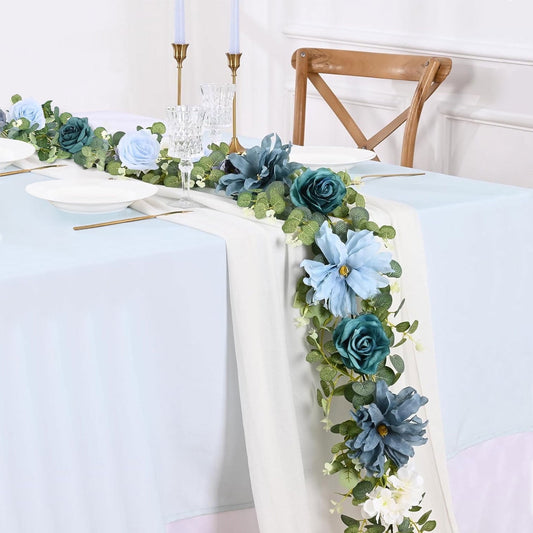 Waipfaru 6ft Blue Flower Garland, Artificial Eucalyptus Garland with Blue Roses, Fake Rose Floral Greenery Garland for Wedding Arch Table Wall Room Decor
