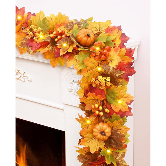 Waipfaru Lighted Fall Garland for Mantle, 6ft Battery Operated Thanksgiving Garland with Timer, Pumpkins,Berries,Autumn Decorations for Fireplace Home