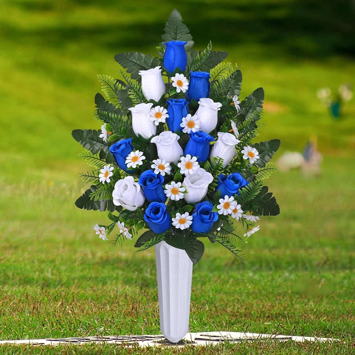 Waipfaru Artificial Cemetery Flowers with Vase,2 Pack Artificial Rose Lily Grave Bouquet,Silk Memorial Flowers for Cemetery Headstones Decoration