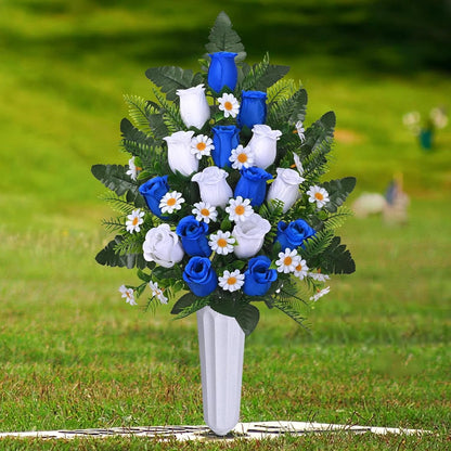Waipfaru Artificial Cemetery Flowers with Vase,2 Pack Artificial Rose Lily Grave Bouquet,Silk Memorial Flowers for Cemetery Headstones Decoration