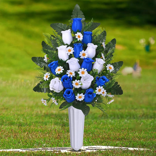 Waipfaru Artificial Cemetery Flowers with Vase,2 Pack Artificial Rose Lily Grave Bouquet,Silk Memorial Flowers for Cemetery Headstones Decoration