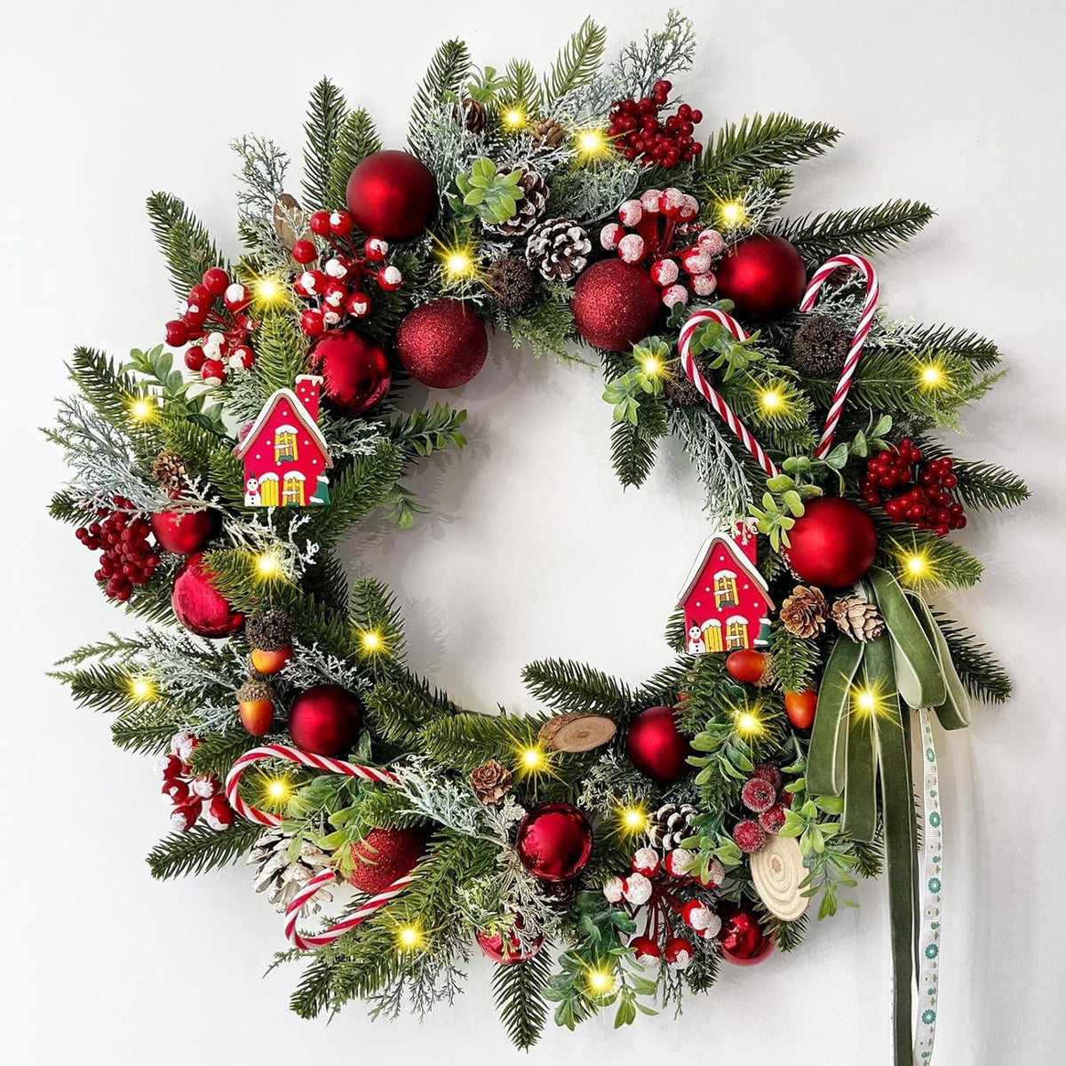 Waipfaru Artificial Christmas Wreaths with lights,20inch Christmas Door Wreath with Xmas Balls Berries Pinecones for Wall Fireplace Shop Window Decoration