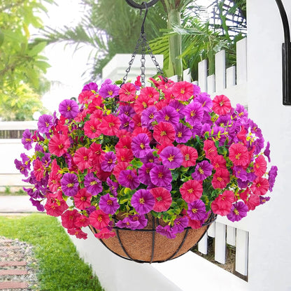 Waipfaru Artificial Hanging Flowers in Basket,2 Pcs Fake Hanging Plants for Outdoors Spring Summer Decoration,UV Resistant Petunias Flower for Garden Porch Patio Balcony Decor
