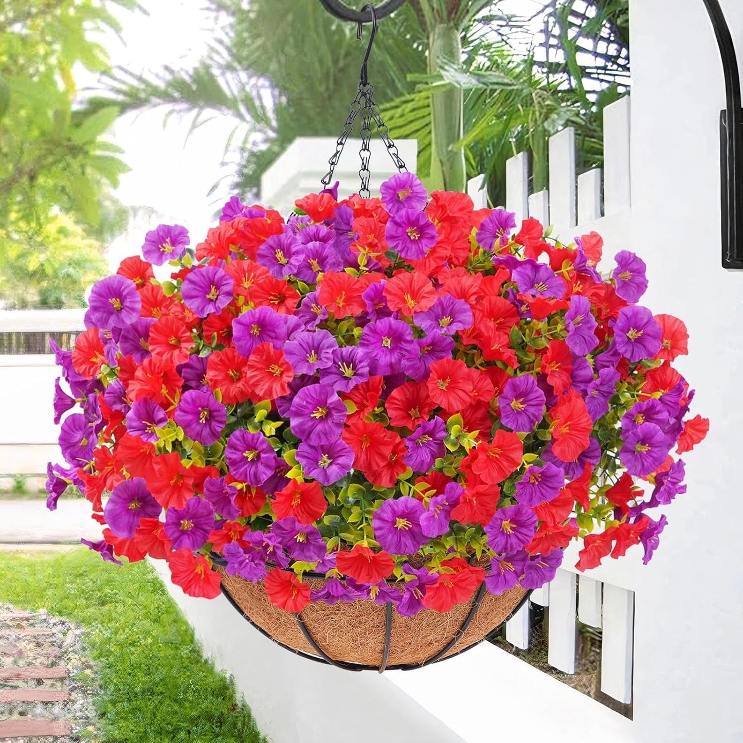 Waipfaru Artificial Hanging Flowers in Basket,Fake Hanging Plants for Outdoors Spring Summer Decoration,UV Resistant Petunias Flower for Garden Porch Patio Balcony Decor