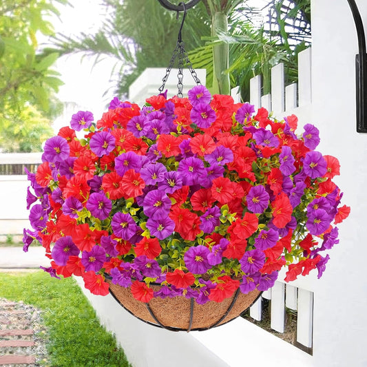 Waipfaru Artificial Hanging Flowers in Basket,2 Pcs Fake Hanging Plants for Outdoors Spring Summer Decoration,UV Resistant Petunias Flower for Garden Porch Patio Balcony Decor