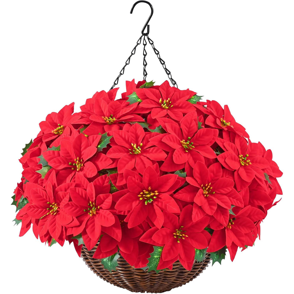 Waipfaru Artificial Poinsettia Christmas Hanging Basket, Fake Silk Red Poinsettia Flowers for Outdoor Indoor Front Porch Home Xmas Decor